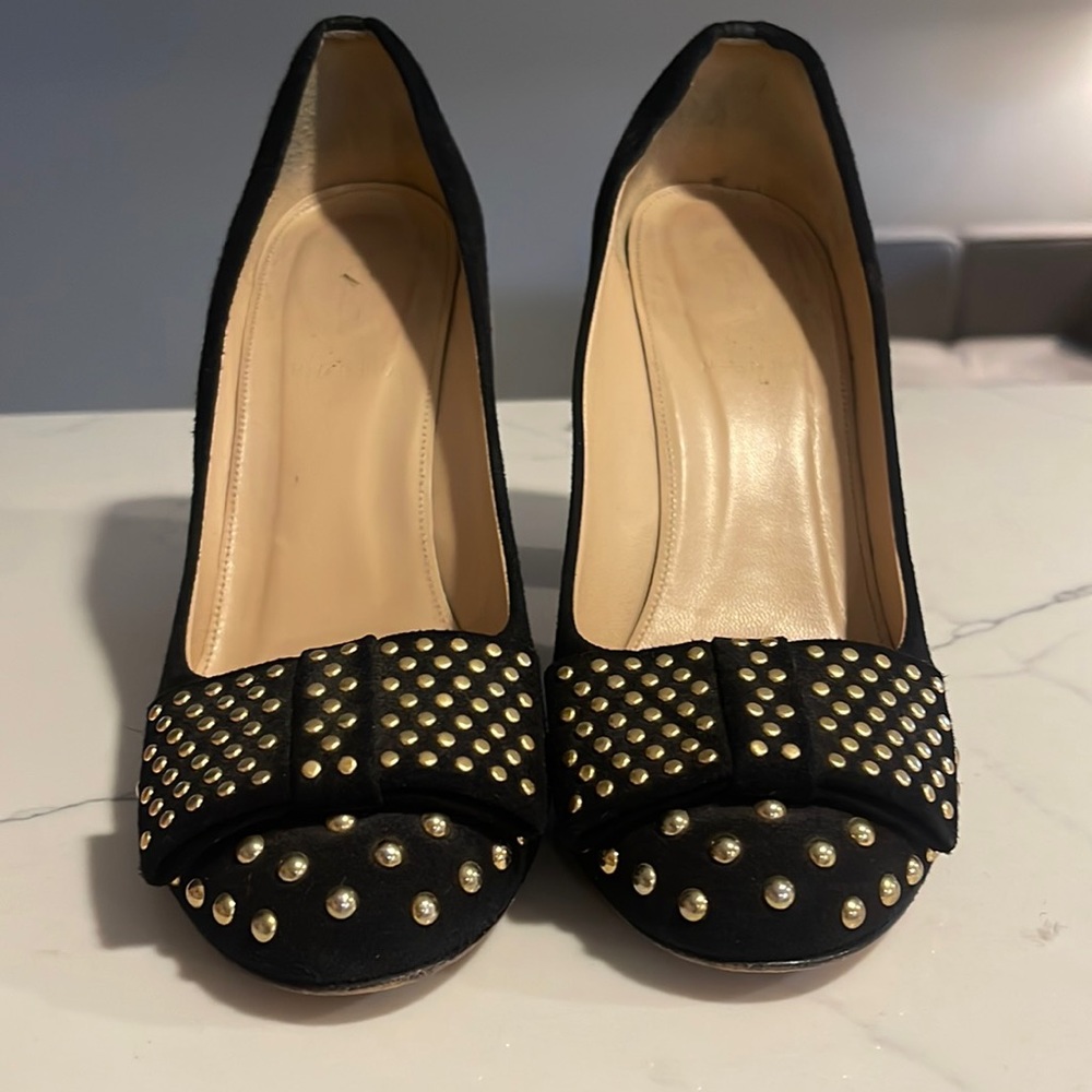 J Crew black gold studded heels block heel made in Italy size 10
